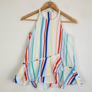 Crosby by Mollie Burch rainbow stripe ruffled hem halter style tank top. Size XS
